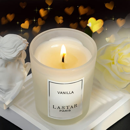 LASTAR Vanilla Scented Candle, 70g Frosted Round Glass Jar with 2.4 oz Marking and Pictured Carton