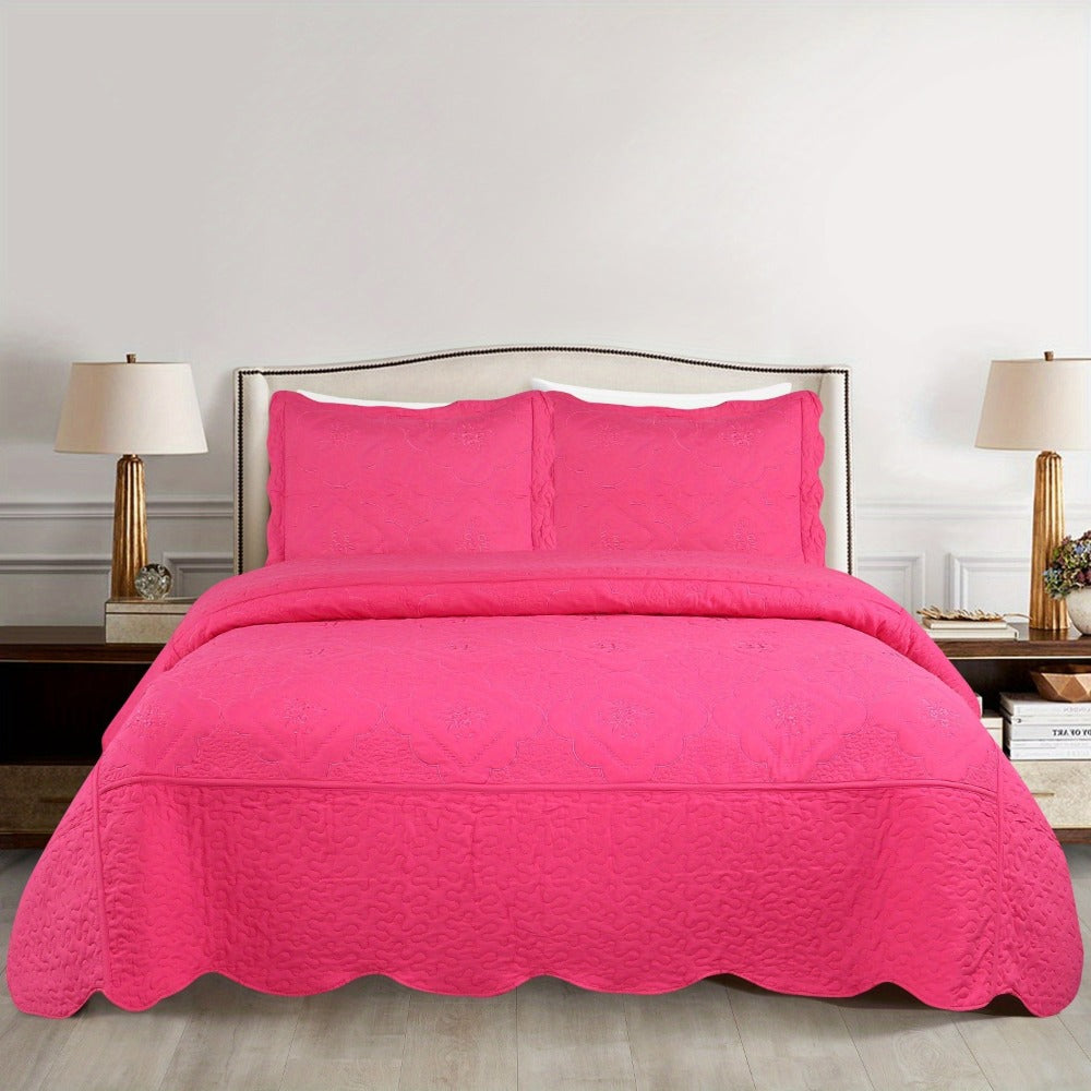 Quilt Set 3 Piece Floral Embroidery Bedspread – 100% Polyester Wrinkle Resistant Lightweight Quilted Coverlet with 2 Pillow Shams for Full