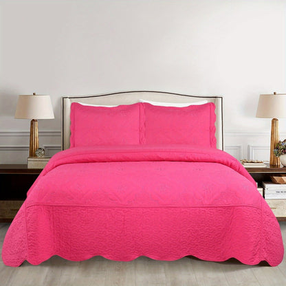 Quilt Set 3 Piece Floral Embroidery Bedspread – 100% Polyester Wrinkle Resistant Lightweight Quilted Coverlet with 2 Pillow Shams for Full