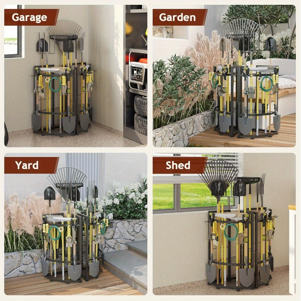 Wall Mount Tool Organizer Rack - Metal Garden Tool Storage with Hooks for Shovels, Rakes & Long-Handled Tools
