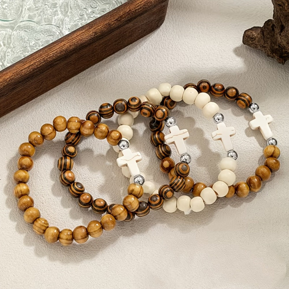 Cross Bracelets Bulk for Baptism Party Favors, 20/40PCS Vintage Ethnic Alloy Cross Pendant Woven Elastic Bracelets