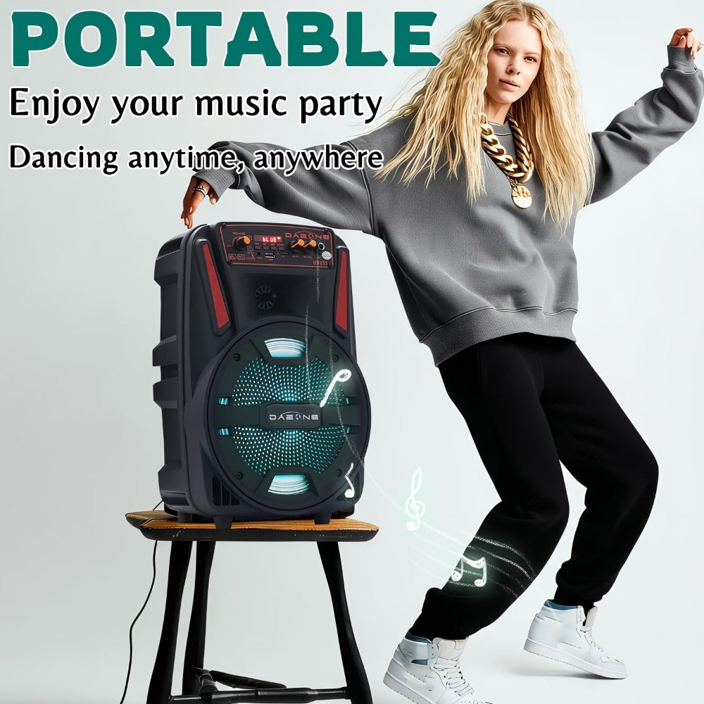 1000W Portable Party Speaker with 8-Inch Woofer, Karaoke Microphone, RGB Lights, Bluetooth, FM, USB & TWS