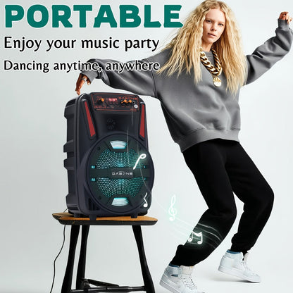 1000W Portable Party Speaker with 8-Inch Woofer, Karaoke Microphone, RGB Lights, Bluetooth, FM, USB & TWS
