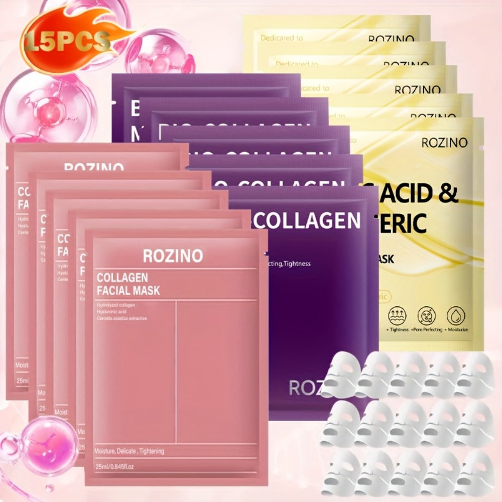 Face Mask, ROZINO 15-Piece Collagen Sheet Assortment with Bio-Collagen and Kojic Acid Turmeric Packets