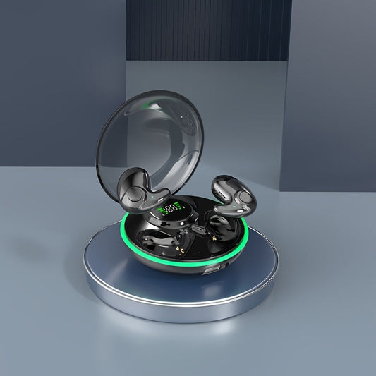 Low-Profile Round-Case Mini Sleep Earbuds with Digital Battery Display in Black, Khaki or White