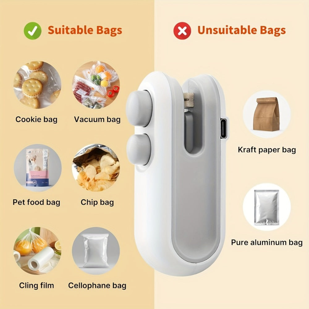 Mini Bag Sealer Two-Pack in White with USB-C Charging, Heat-Seal Button, Cutter and Magnetic Back