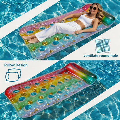 Rectangular Inflatable Pool Bed with Raised Pillow, Round Vent Holes and Rainbow or Mermaid Designs