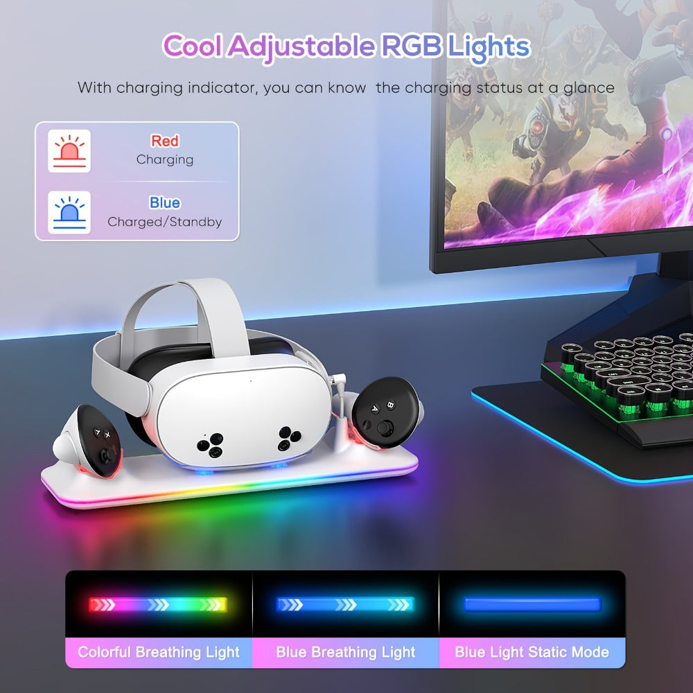 Meta Quest 3S / Quest 3 Charging Dock, PD 18W Fast Charging Station with RGB Light, Magnetic Charger Stand for Headset & Controllers