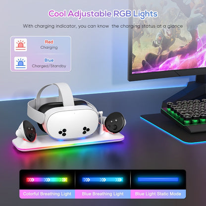 Meta Quest 3S / Quest 3 Charging Dock, PD 18W Fast Charging Station with RGB Light, Magnetic Charger Stand for Headset & Controllers