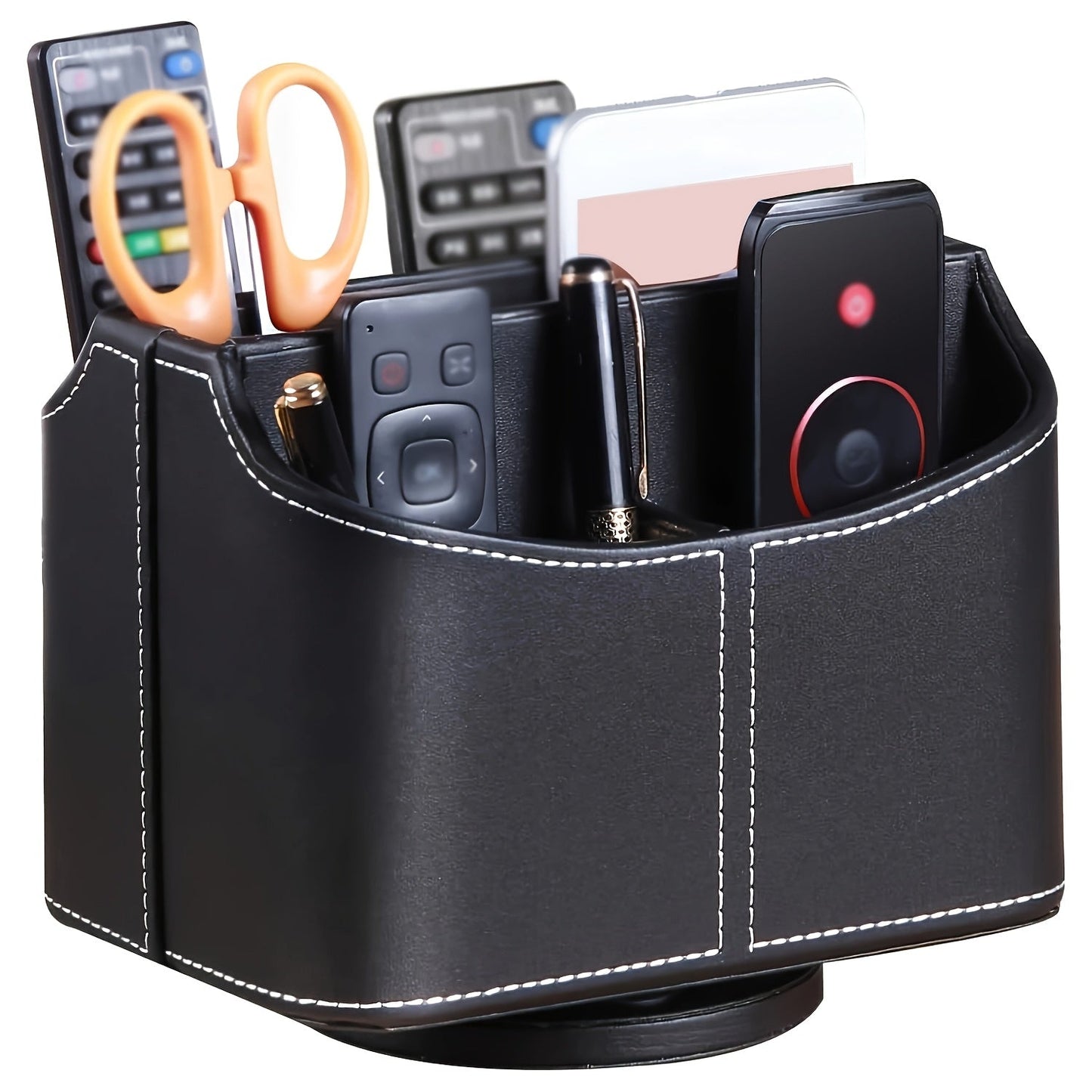 Rotating Faux Leather Remote Control Caddy with Five Compartments, Six Color or Pattern Options and 7.5-Inch Width