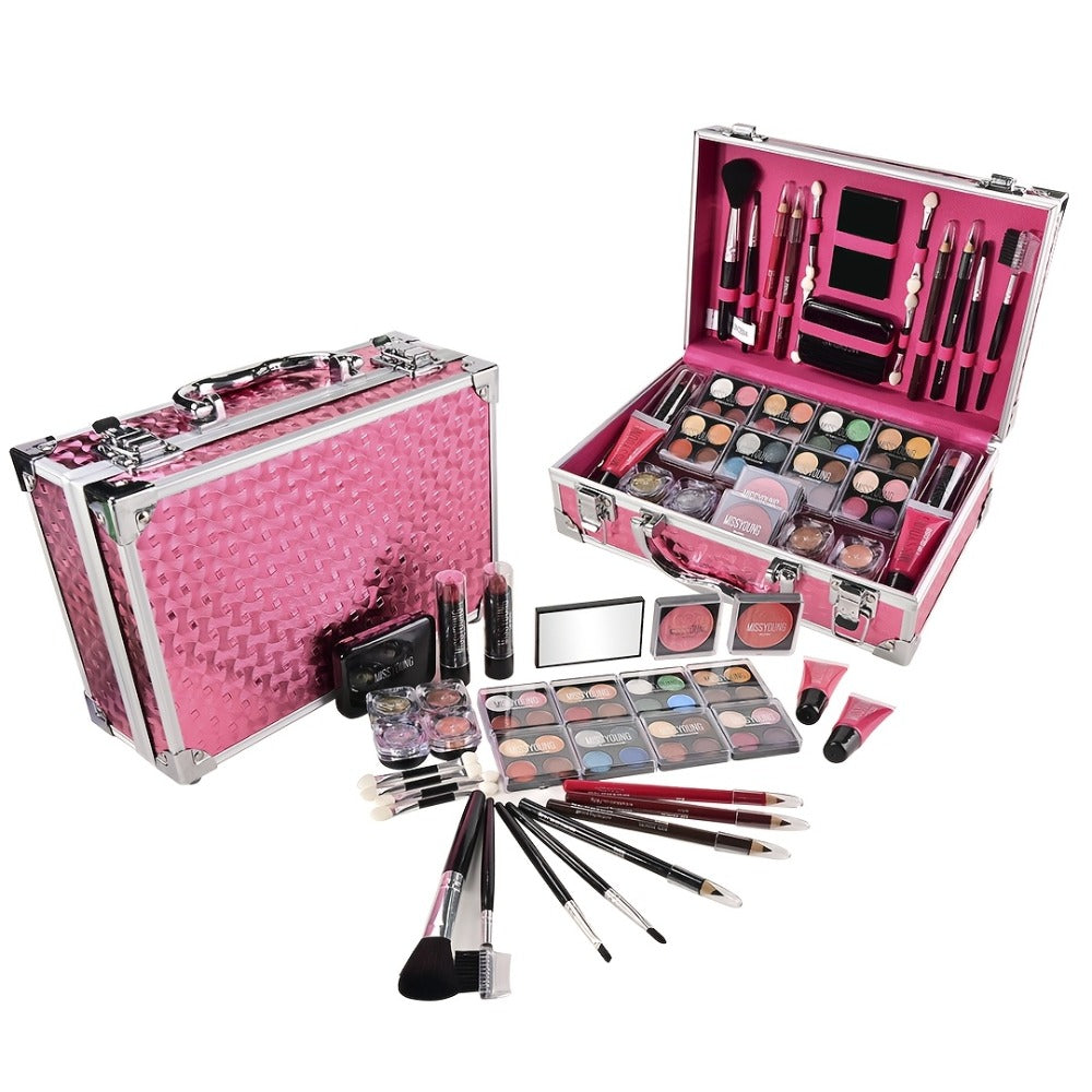 Makeup Kit 56-Piece Handled Mirror Case with Mixed Face, Eye and Lip Cosmetics in Silvery or Rose Color