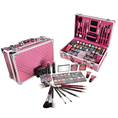 Makeup Kit 56-Piece Handled Mirror Case with Mixed Face, Eye and Lip Cosmetics in Silvery or Rose Color