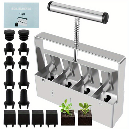 Garden Clod Breaker & Soil Blocker Tool – Heavy Duty Metal Multi-Cell Soil Block Maker with Adjustable Handle for Seed Starting