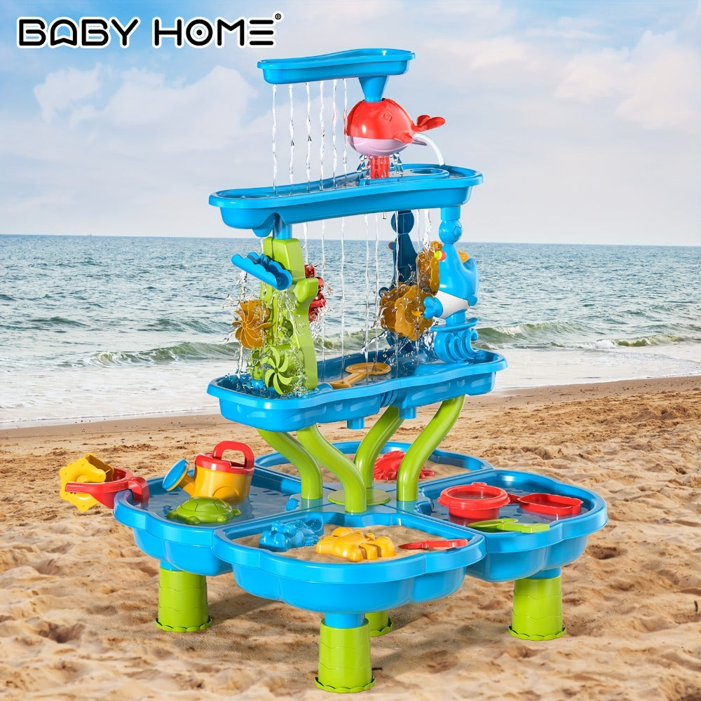 Water Play Table for Kids Double-Sided Waterfall & Beach Sand Zone, Outdoor Sensory Activity Toy for Toddlers Ages 3+