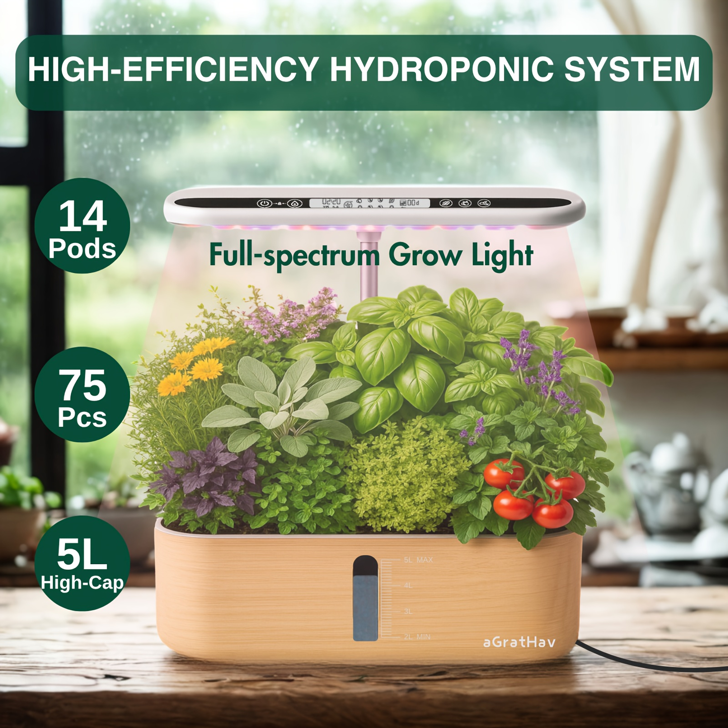 Hydroponic Garden Kit 14-Pod with LED Grow Light – Smart Timer, Quiet Pump & 1.32 Gal Tank, 75-Piece Indoor Herb Garden System
