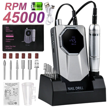 Electric Nail Drill 45000 RPM USB Rechargeable Kit with LCD, Forward Reverse and Three Finishes
