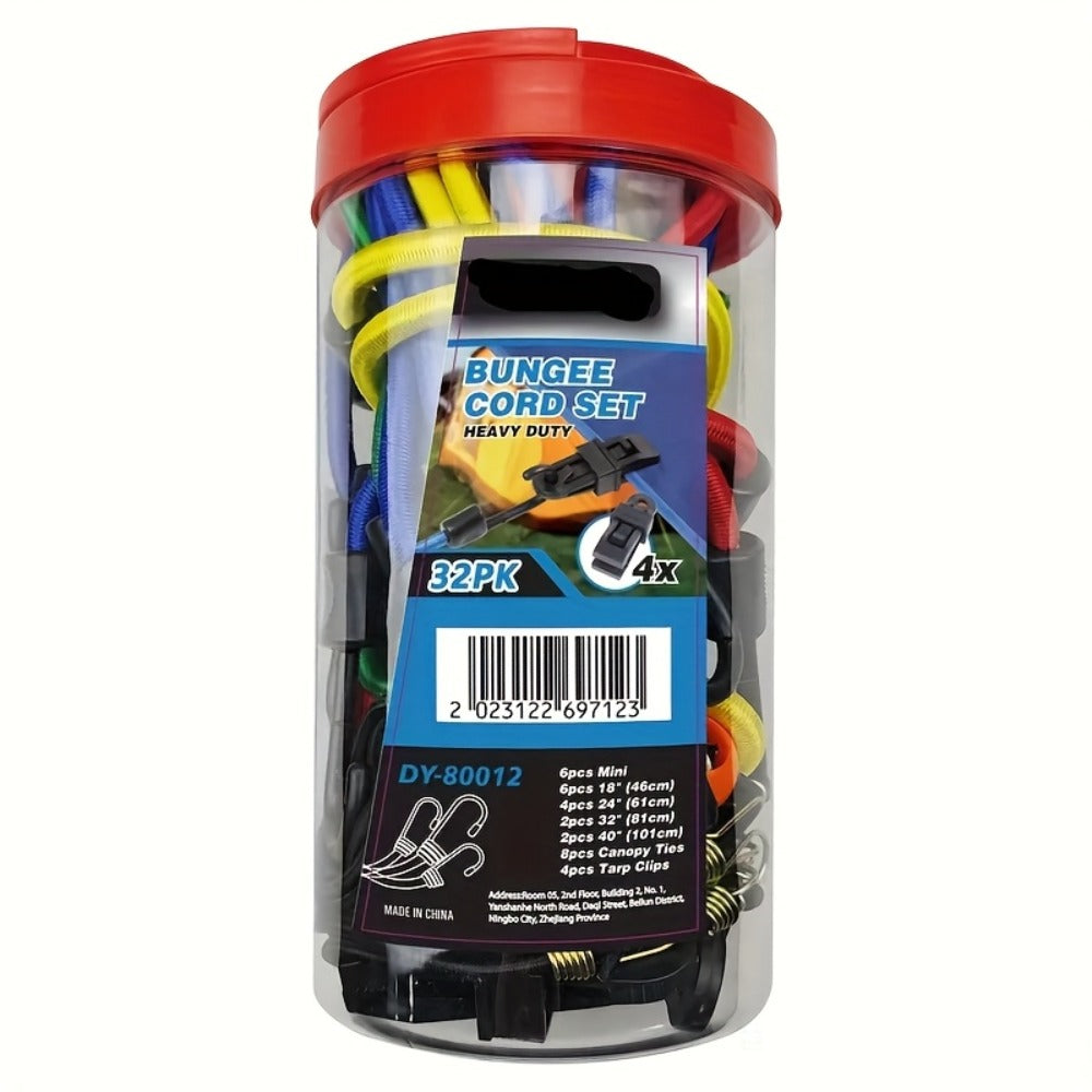 Bungee Cord Set 32 Pack Heavy Duty – Elastic Tie Down Cords in 10 18 24 40 Inch Lengths, 4 Sunshade Clips & 6 Ball Bungees