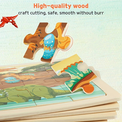 Dinosaur Puzzle Set for Kids Ages 3-8 Wooden 4-in-1 Jigsaw with 24 Pieces Each, Colorful Preschool Educational Toy for Boys & Girls