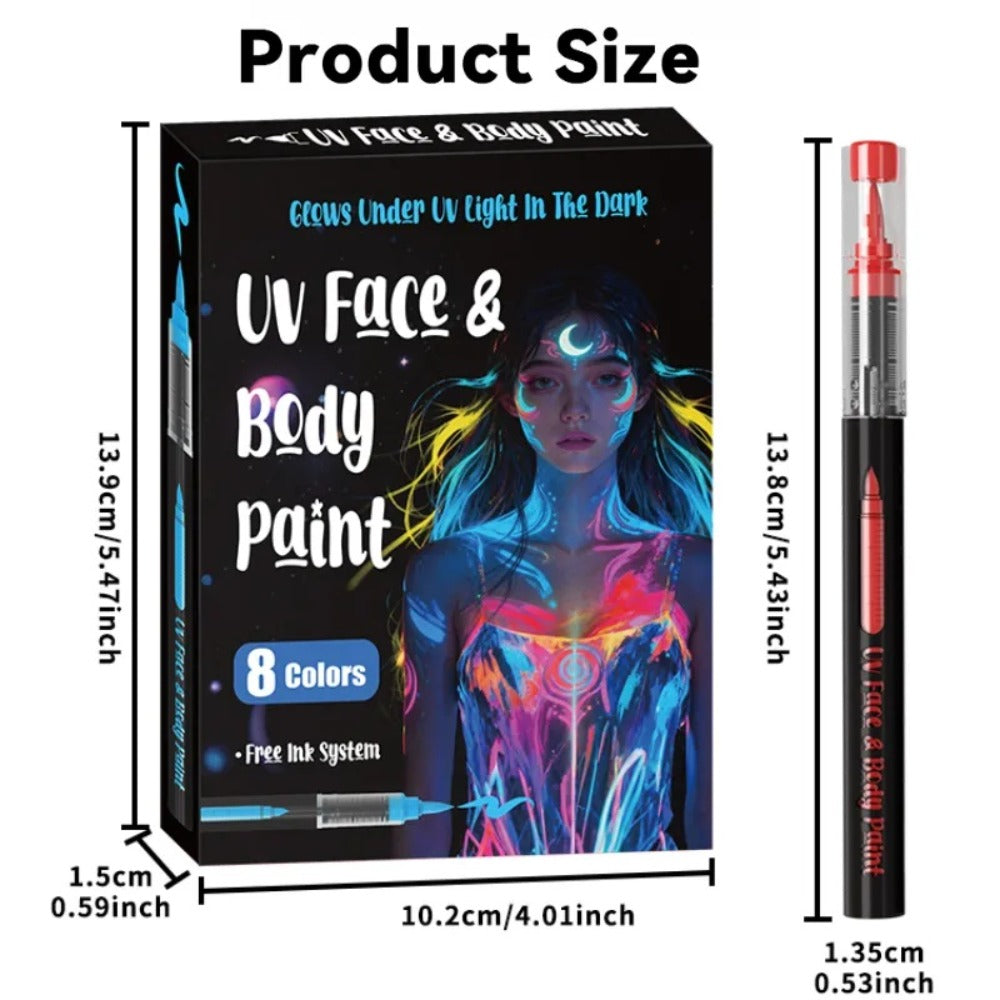 Face Body Paint Pen Set 8 Colors with 105 Tattoo Stencils, Glow in the Dark Neon UV Blacklight Face Paint