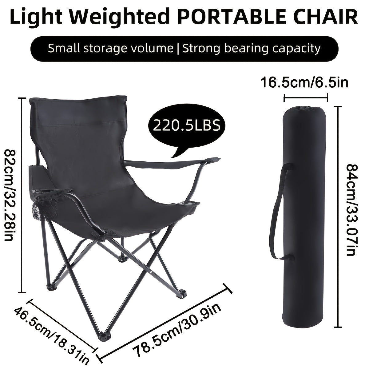 Set of Two Folding Camping Chairs with Cup Holders, Carry Bags, 82 cm Back Height and Black, Navy, Blue, Green or Red Options