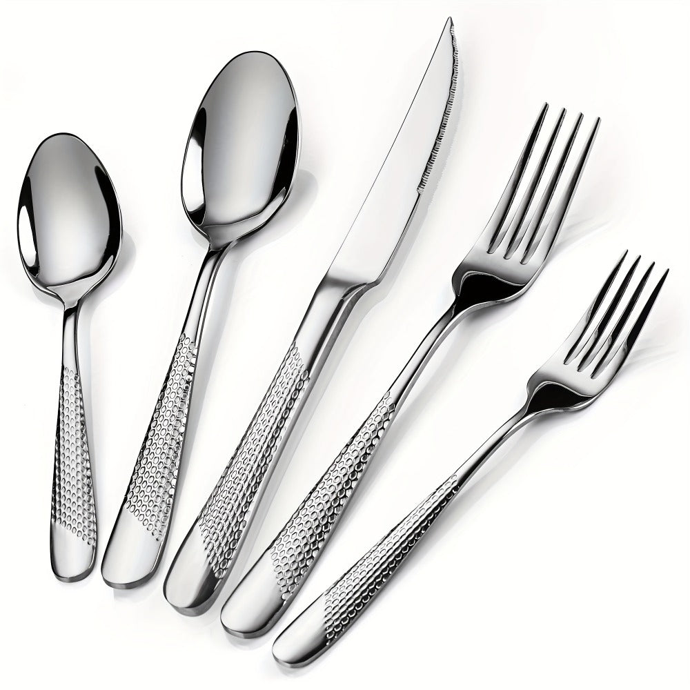 40- or 48-Piece Hammered-Handle Flatware Set in Rose Gold or Silver with Option-Specific Knives