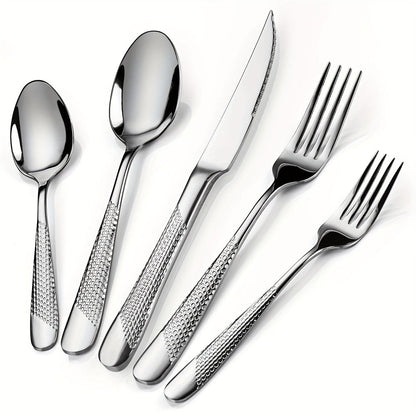 40- or 48-Piece Hammered-Handle Flatware Set in Rose Gold or Silver with Option-Specific Knives