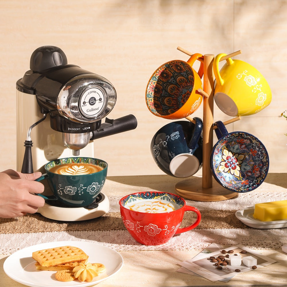 Six-Piece Colorful Patterned Coffee Mug Set with Wide Bowl Shape and 14-Ounce Image Marking