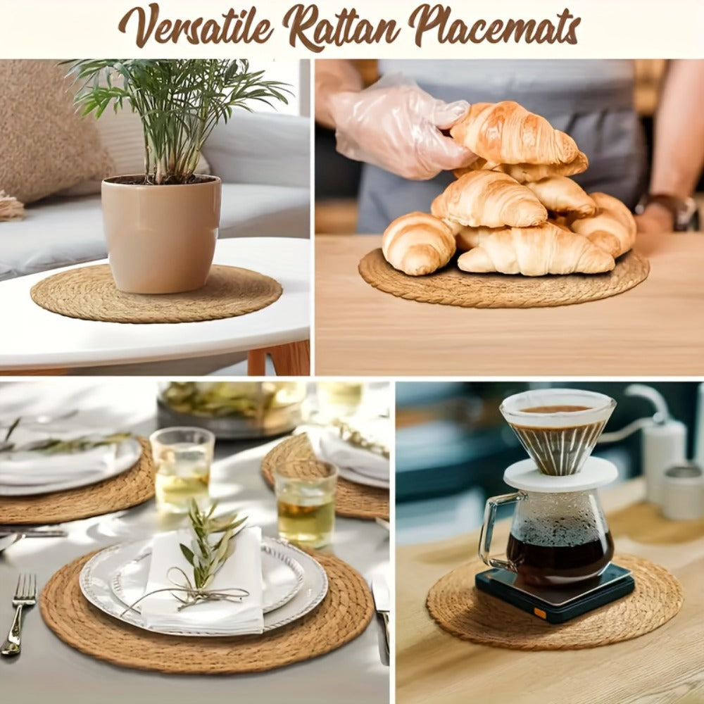 12pcs Rattan Placemats Natural Wicker Round Table Mats Heat-Resistant 11.8" Kitchen Dining Decor Bohemian