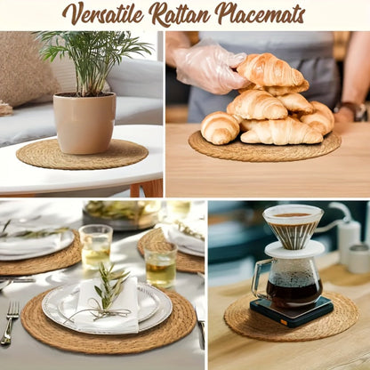 12pcs Rattan Placemats Natural Wicker Round Table Mats Heat-Resistant 11.8" Kitchen Dining Decor Bohemian