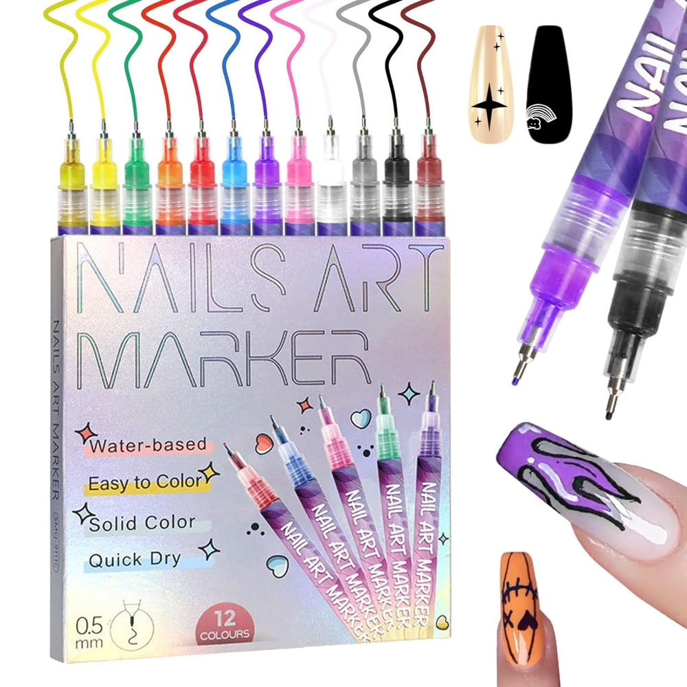 Nail Art Pens 12-Piece Water-Based Marker Set with 0.5mm Fine Tips for Lines and Small Decorative Details