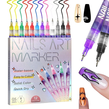 Nail Art Pens 12-Piece Water-Based Marker Set with 0.5mm Fine Tips for Lines and Small Decorative Details