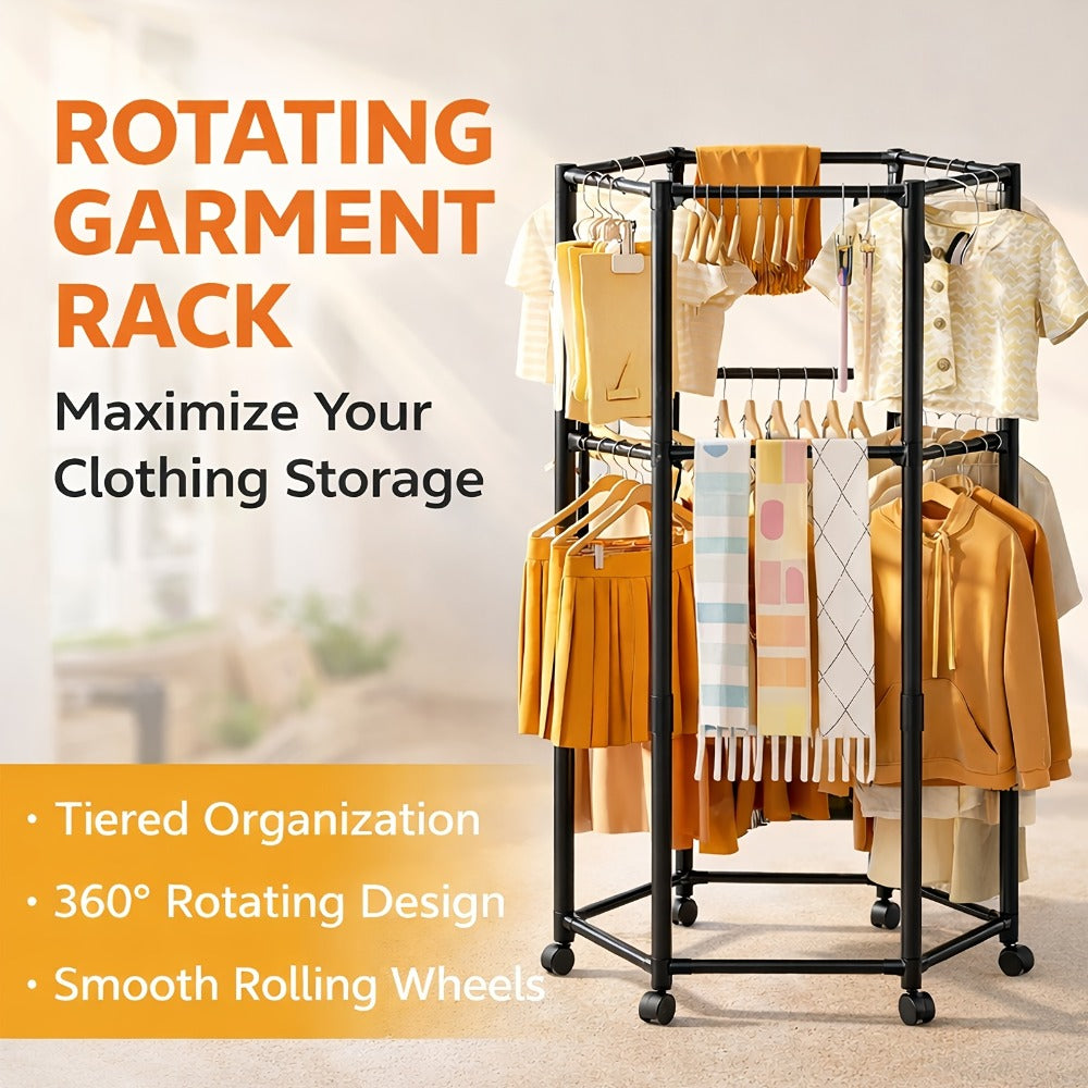 Rolling Hexagon Clothes Drying Rack 1 or 2 Layer, Sturdy Metal Floor Stand with Wheels, Multi-Bar & 10 Clips