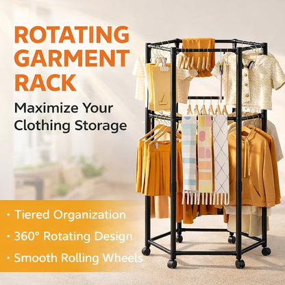 Rolling Hexagon Clothes Drying Rack 1 or 2 Layer, Sturdy Metal Floor Stand with Wheels, Multi-Bar & 10 Clips