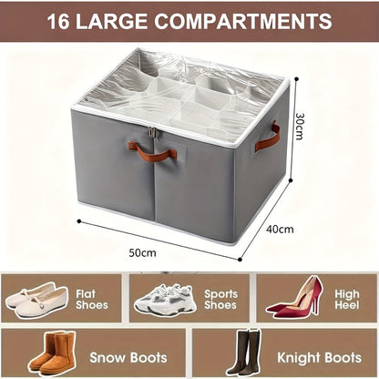 Sixteen-Compartment Foldable Shoe Storage Box with Flip-Top Cover, Side Handles and One- or Two-Piece Sets