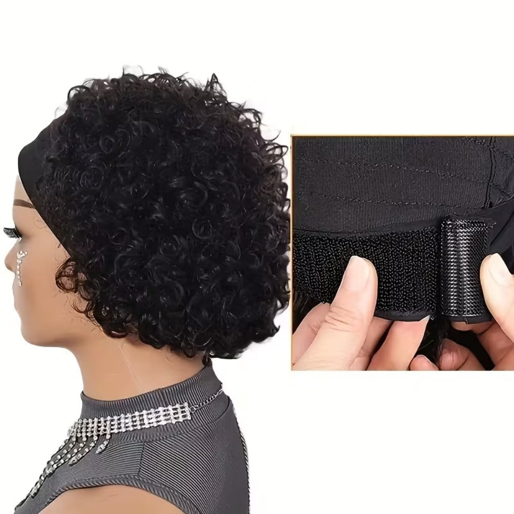 Kinky Curly Headband Wig Human Hair Brazilian 150% Density Glueless 6 Inch | No Glue No Gel Black Burgundy Rust | Beginner Friendly Daily