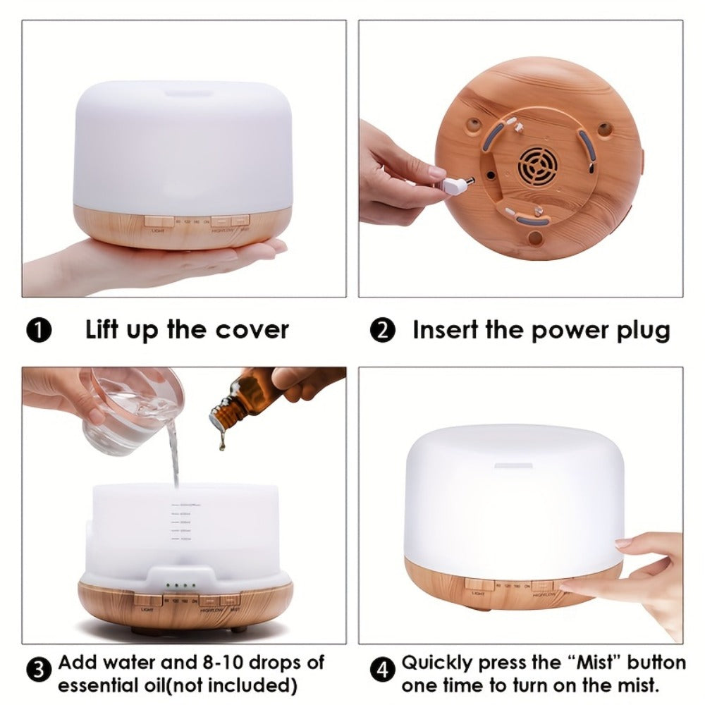 Large Room Essential Oil Diffuser 16.91oz, Timer, 7 Ambient LED Lights, No Water Auto-Off, Wood Grain Design for Home & Office