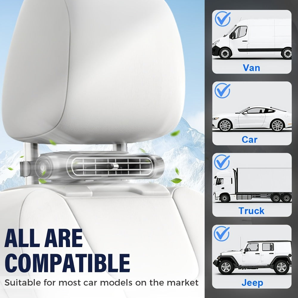 USB Car Seat Fan with Enclosed Air Outlet, Three Speed Settings and White or Black Color Options
