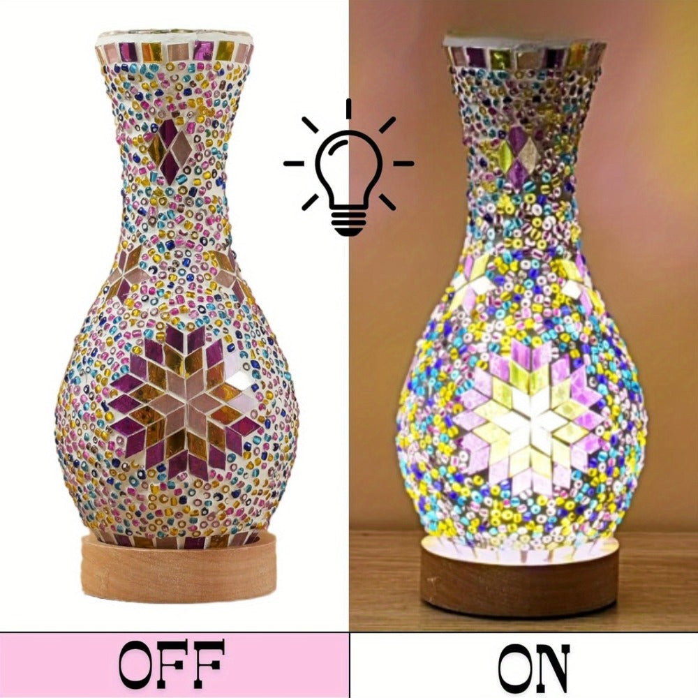Mosaic Vase Lamp Turkish Moroccan Handmade Colorful Glass Table Lamp with Wooden Base, USB Plug-In Boho Night Light