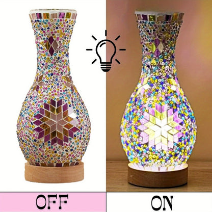 Mosaic Vase Lamp Turkish Moroccan Handmade Colorful Glass Table Lamp with Wooden Base, USB Plug-In Boho Night Light