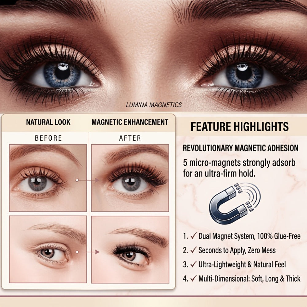 Eight-Piece Double-Strip Magnetic False Eyelash Set with Black Case, Applicator and Tweezers