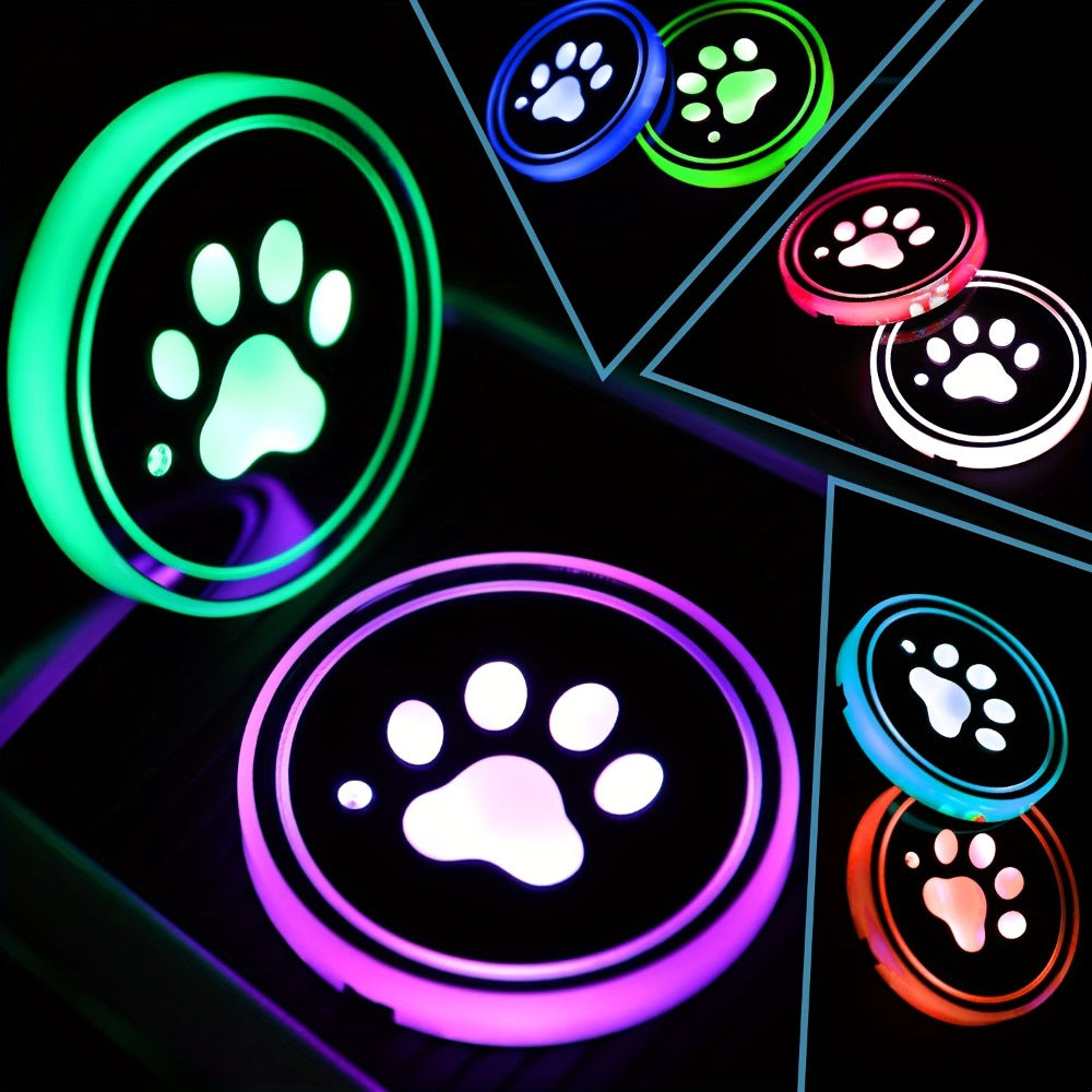 LED Neon Car Cup Holder Coasters – 7 Color USB Rechargeable Glowing Cup Mats, Ambient Light for Car Interior, Bar & Home Decor (Set of 2