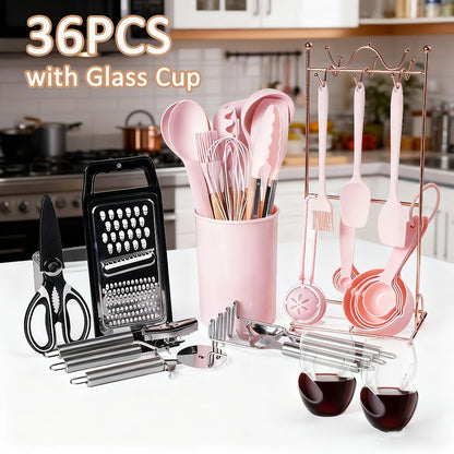 35- or 36-Piece Silicone Kitchen Utensil Set with Holder in Black, Pink or Red, with Optional Glass Cup