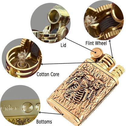 Kerosene Lighter 2-in-1 Permanent Match Flint Wheel Refillable, Golden Windproof Pocket Lighter with Built-In Match Strike