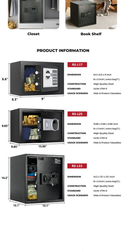 Fireproof Home Safe Box with Digital Keypad and Key Lock Steel Security Safe for Money for Entryways, Bedrooms and Living Spaces