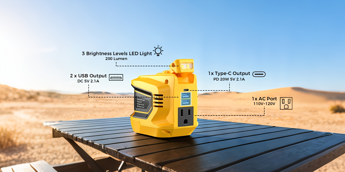 Battery Inverter for Dewalt 20V & 18V - 200W/350W/550W DC to AC 110V, USB, Type-C & AC Outlet, LED Work Light