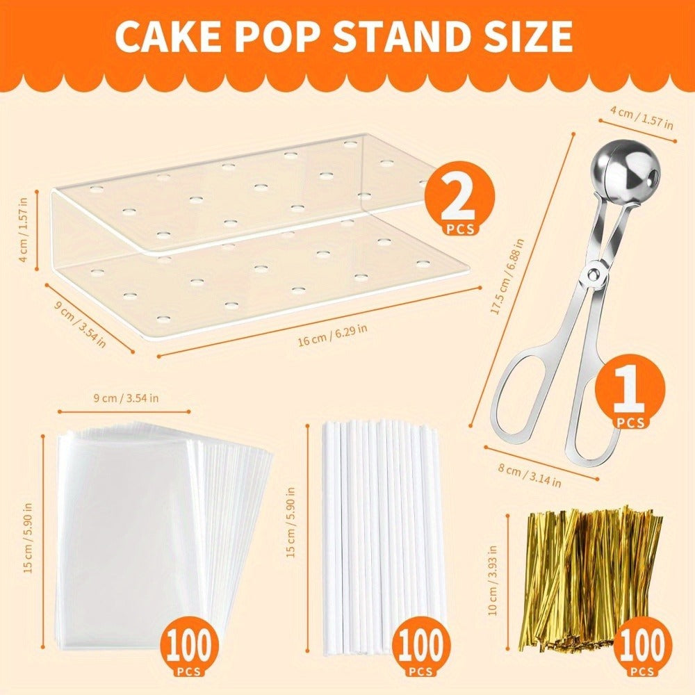 Cake Pop Kit 304pcs Complete Set, Includes Cake Pop Mold, 2 Display Stands, 100 Lollipop Sticks, 100 Treat Bags and 100 Twist Ties