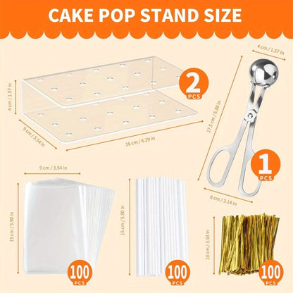 Cake Pop Kit 304pcs Complete Set, Includes Cake Pop Mold, 2 Display Stands, 100 Lollipop Sticks, 100 Treat Bags and 100 Twist Ties