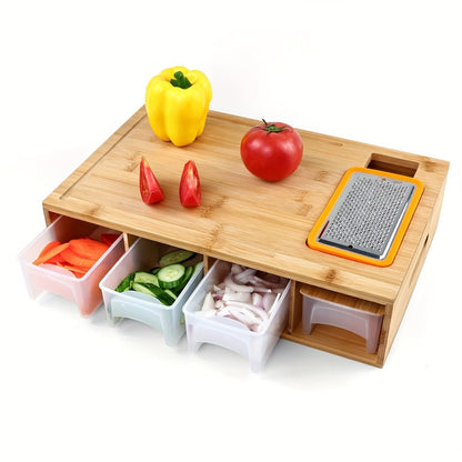 Bamboo Cutting Board with Food Container, Cheese Grater & Juice Groove – Large Wooden Chopping Board Set with Storage Box