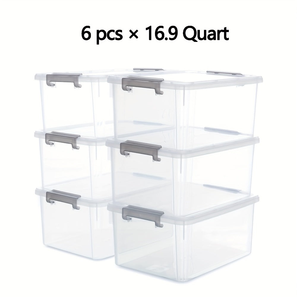 Six-Piece 16.9-Quart Clear Stackable Storage Box Set with Gray Latching Lids and 15.94-Inch Tops