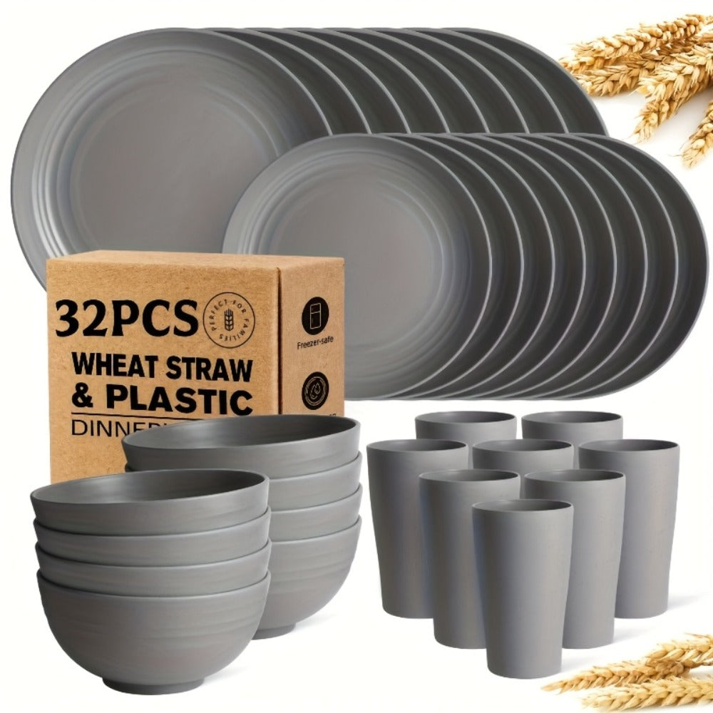 Wheat Straw Dinnerware Set 16 or 32 Piece – Plates & Bowls for 4 or 8 People, Microwave & Dishwasher Safe Plastic Dish Set